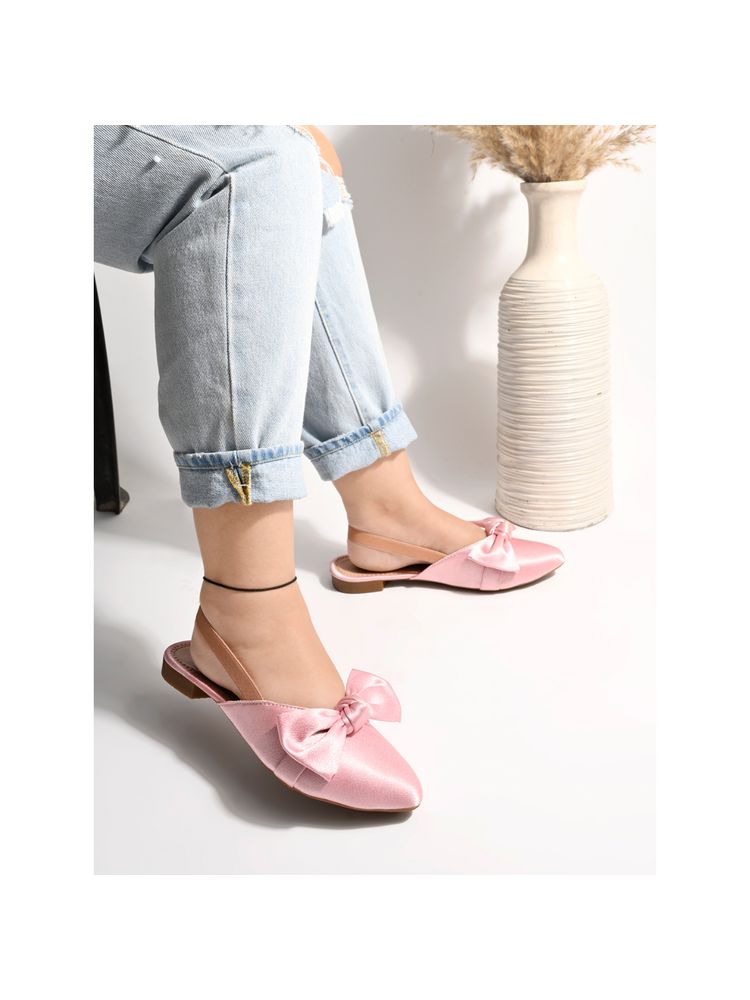 Shoetopia Front Bow Décor Pointed Toe Flat Pink Sandals for Women & Girls-picture-10