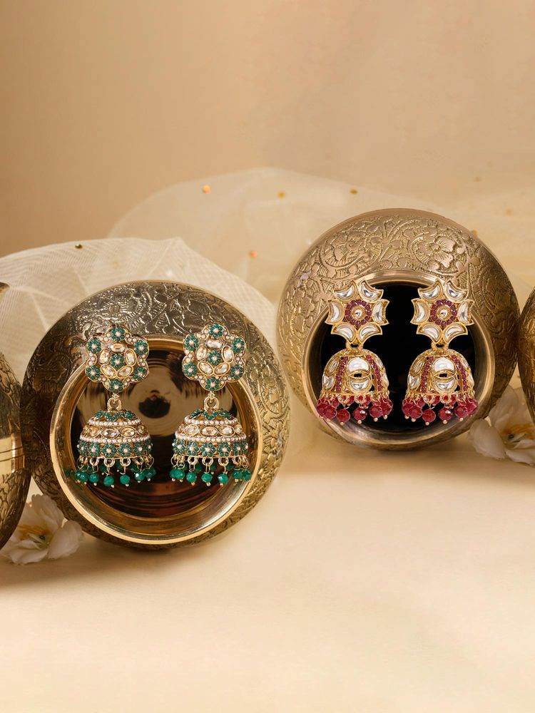 Zaveri Pearls Pair of 2 Green Maroon Stones Beads Antique Jhumka Earrings-ZPFK22358-image-8