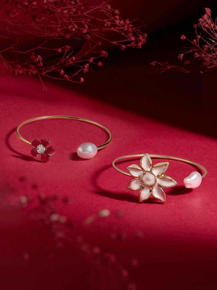 Zaveri Pearls Pack of 2 Pink White Enamel Flowers Contemporary Cuff-ZPFK22363-image-13