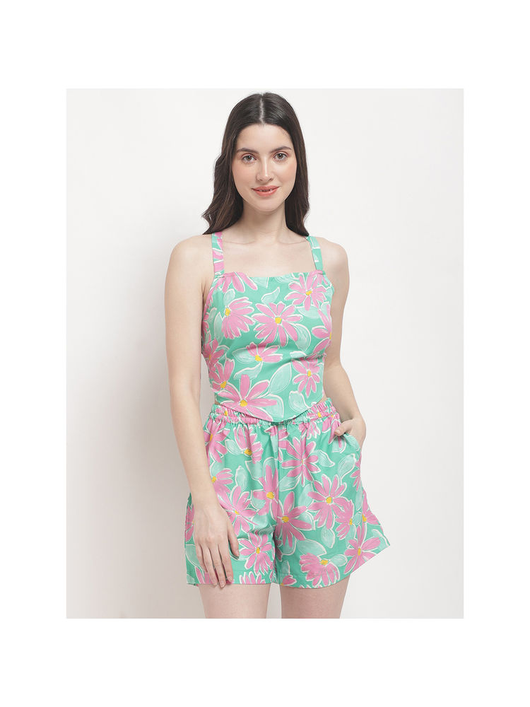 Erotissch Women Green Floral Print Beachwear (Set of 2)