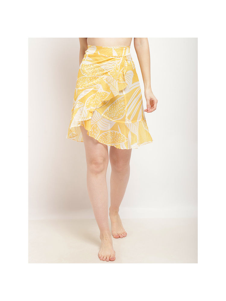 Erotissch Womens Yellow Printed Wraparound Beachwear Skirt-image-3