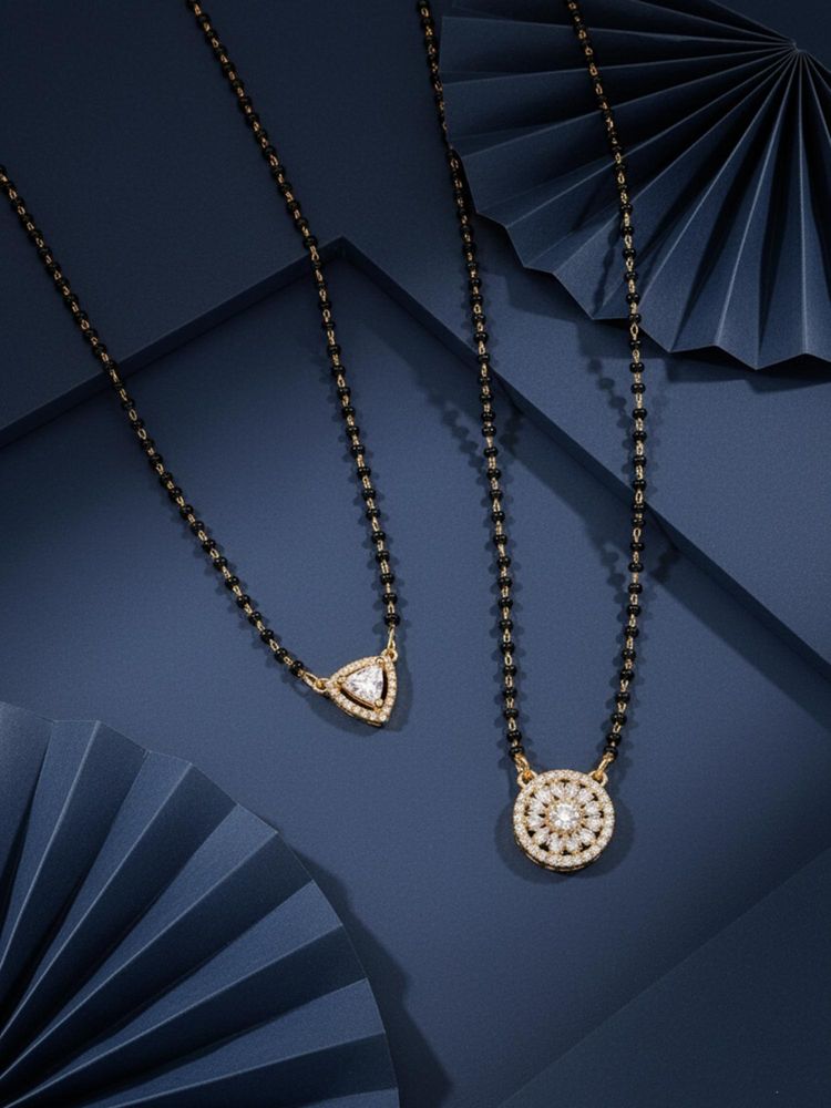 ADIVA Gold-Plated Circular & Triangle White AD Stone Mangalsutra (Pack of 2)-image-36
