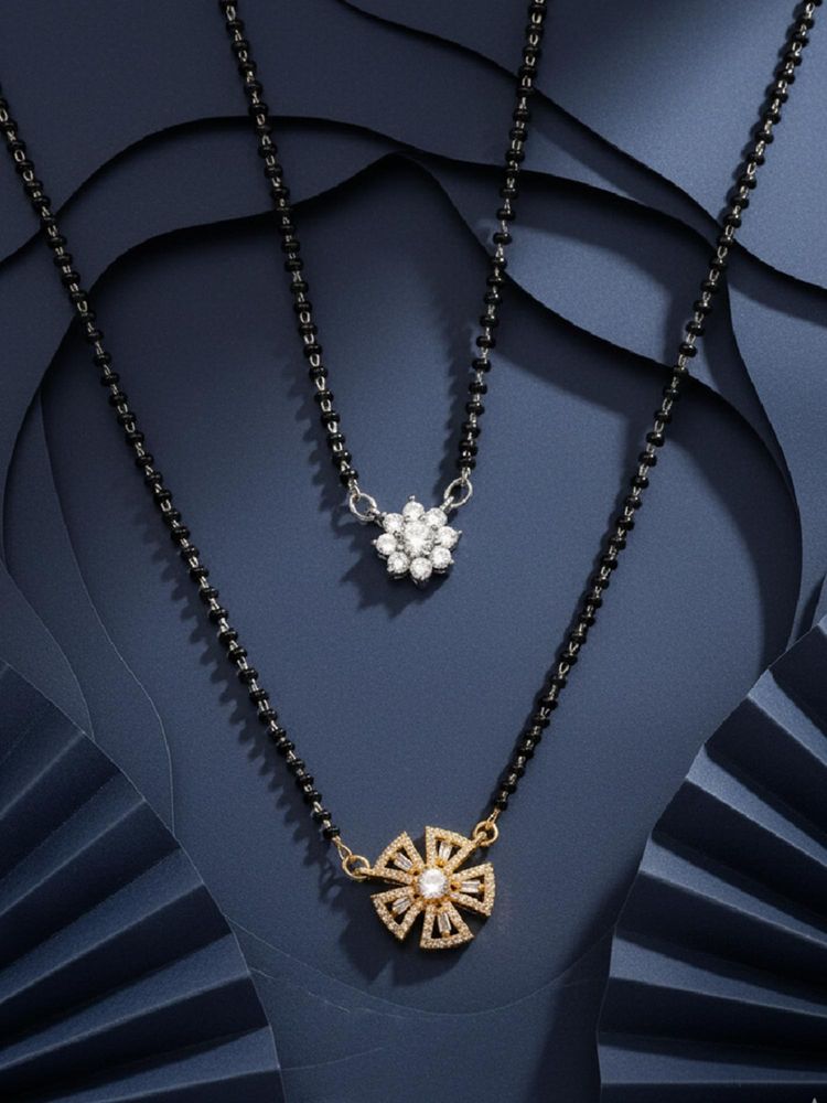 ADIVA Silver & Gold-Plated Floral White American Diamond Mangalsutra (Pack of 2)-picture-10