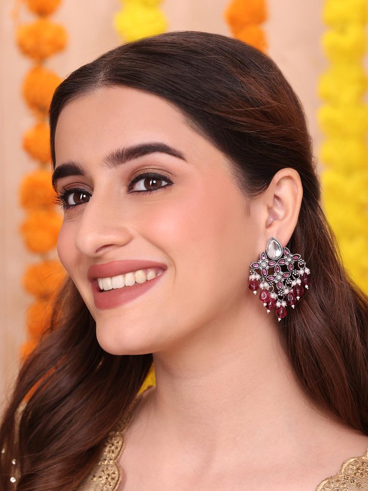 Fida Boho-Chic Silver-Tone Pink Kundan And Garnet Drop Earrings-picture-13
