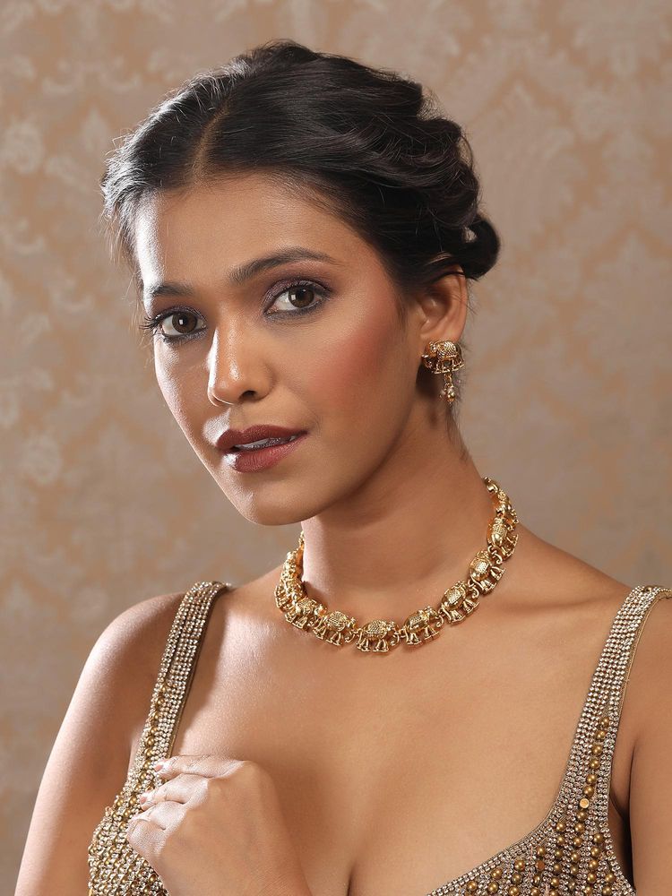 STILEADDA Ethnic Gold Plated Elephant Motif Necklace & Earrings Set-picture-14