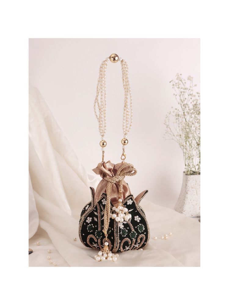 SWISNI Green Lotus Embellished Women Potli Bag (M)-picture-37