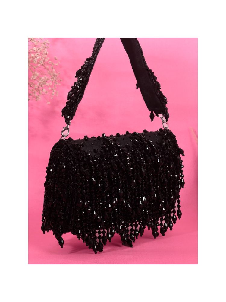 SWISNI Black Crystal Flap Stylish Clutch Bag (M)-picture-9