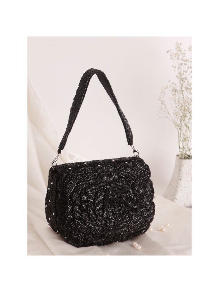 SWISNI Black Leaf Embellished Stylish Flap Handbag (M)-picture-24