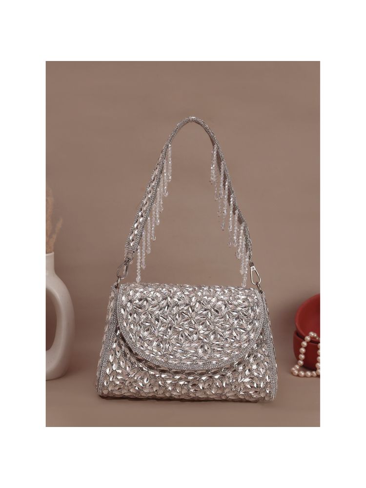 SWISNI Silver Embellished Stylish Flap Clutch Bag (M)-image-15