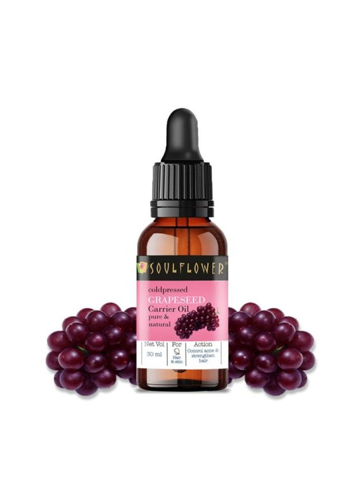 Soulflower Organic Grapeseed Face Serum & Carrier Hair Oil For Glowing Skin, Acne, Cold-Pressed