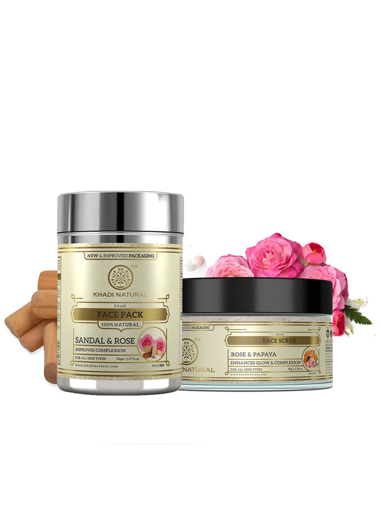 Khadi Natural Rose & papaya Face Scrub + Sandal & Rose Face Pack (Combo Pack, each 50g)