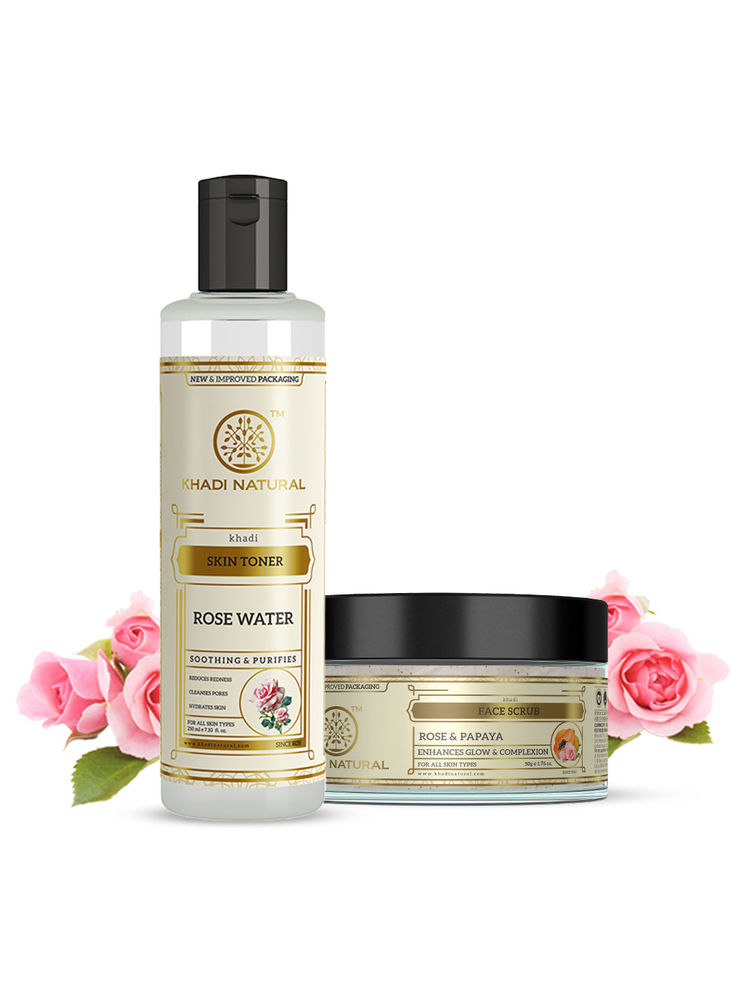 Khadi Natural Rose & Papaya Face Scrub + Rosewater Skin Toner (Combo Pack)