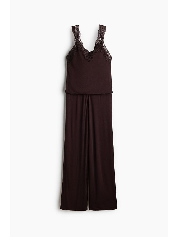 H&M Women Brown Lace-Trimmed Top And Pyjamas-picture-27