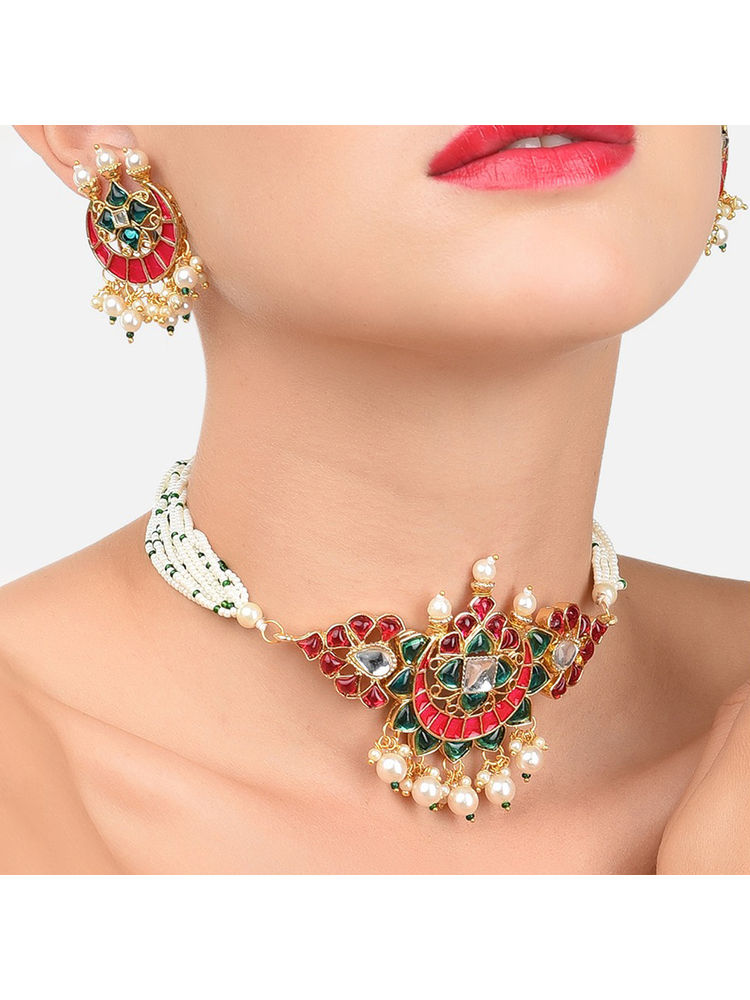 Zaveri Pearls Pink & Green Meenakari Multistrand Pearls Choker Necklace & Earring Set (ZPFK10242)