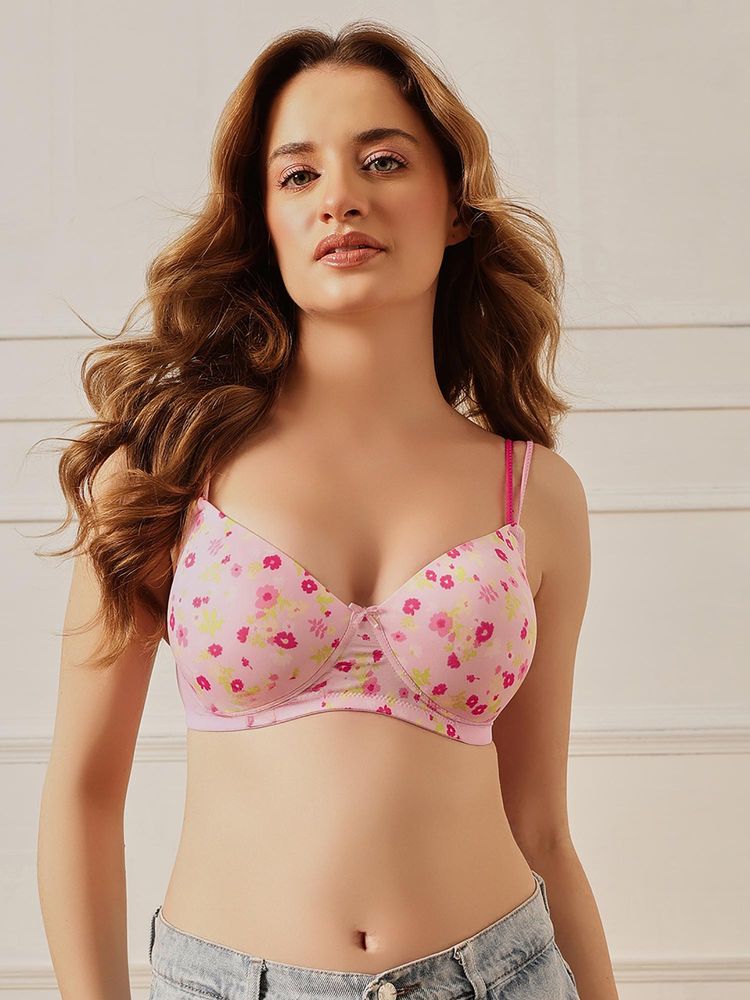 Clovia Women Pink Floral Printed Padded Non-Wired T-shirt Bra-picture-15