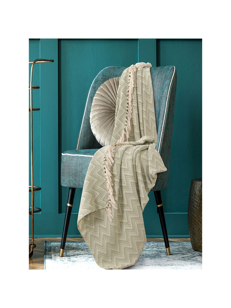Sashaa World Zig-Zag Patterned Green and Ivory Woven Throw-image-8