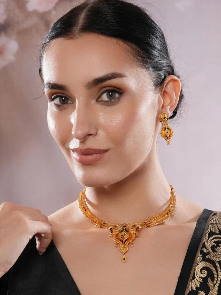 Jazz and Sizzle Gold Brass Statement Necklace With Earrings-image-6