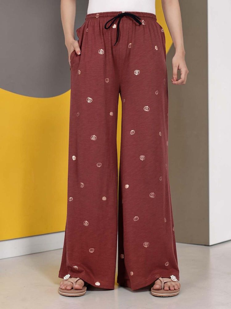 Kryptic Women Cotton Baggy Fit Printed Lounge Pant With Side Pocket Bronze-image-3