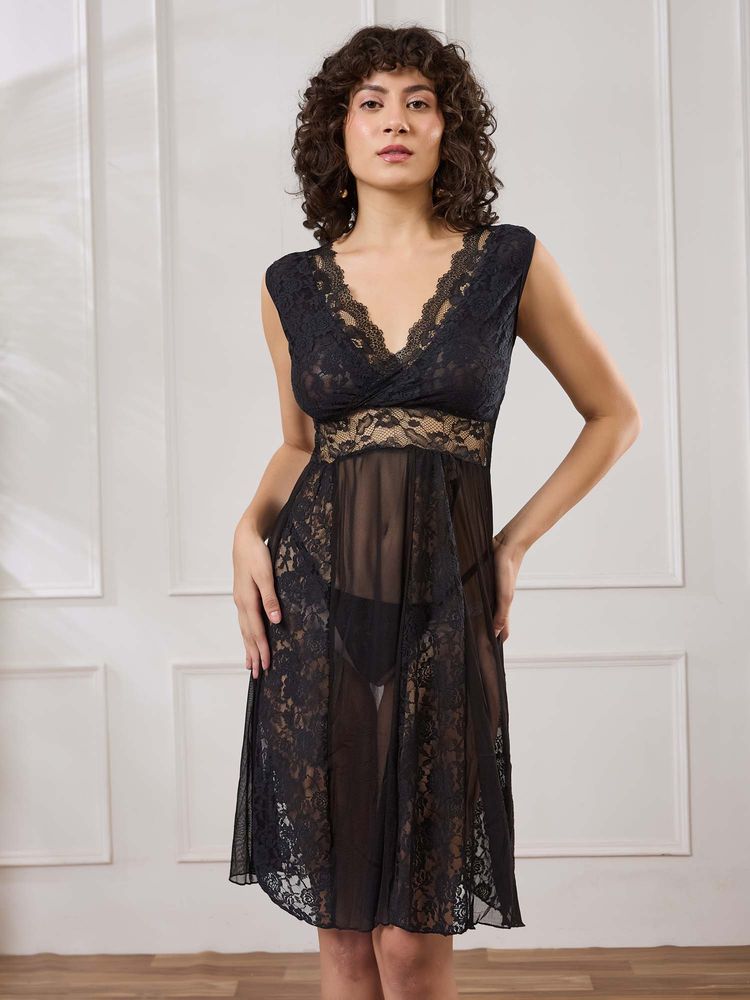 Secrets By ZeroKaata Sheer Self Design Nightwear Babydoll With Thong (Pack of 2)-picture-22