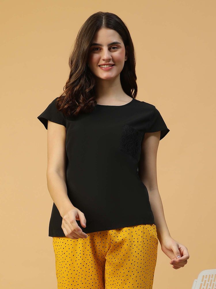Oxolloxo Women Black Lace Detail Short Sleeve Round Neck Nightwear Top-image-34