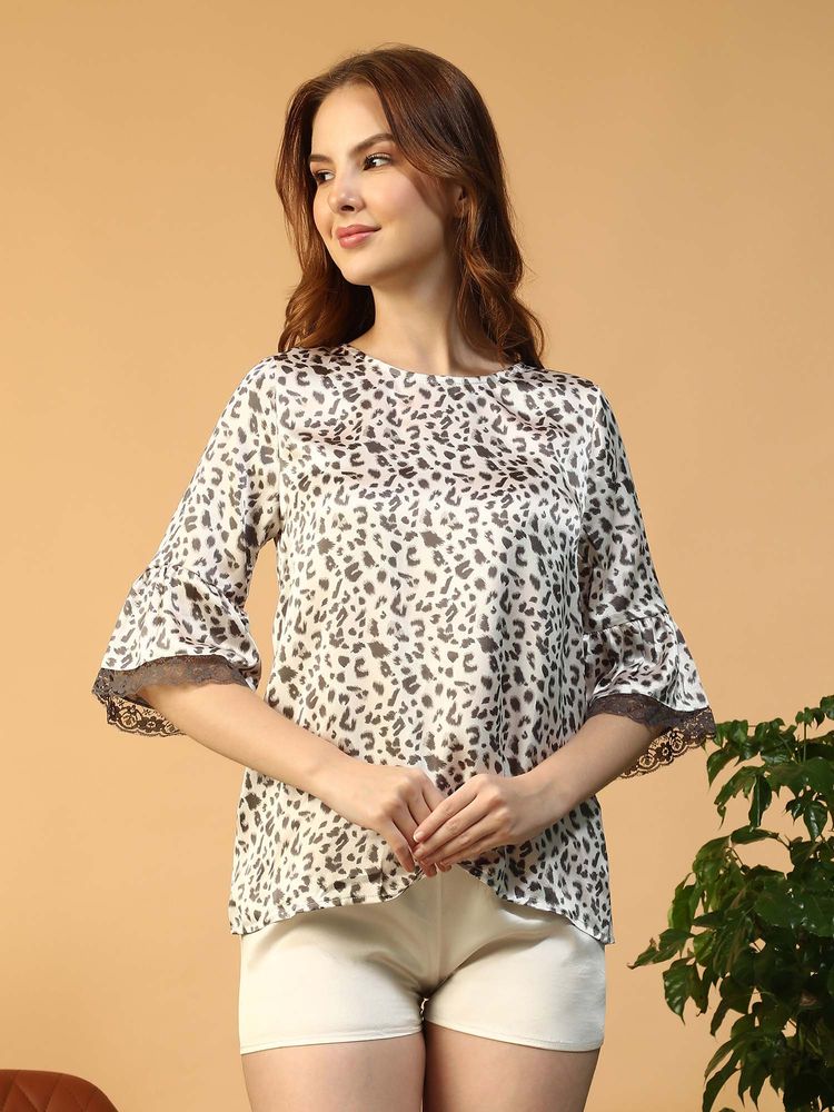 Oxolloxo Women Grey Animal Print Round Neck Lace Detail Nightwear Satin Top-picture-11