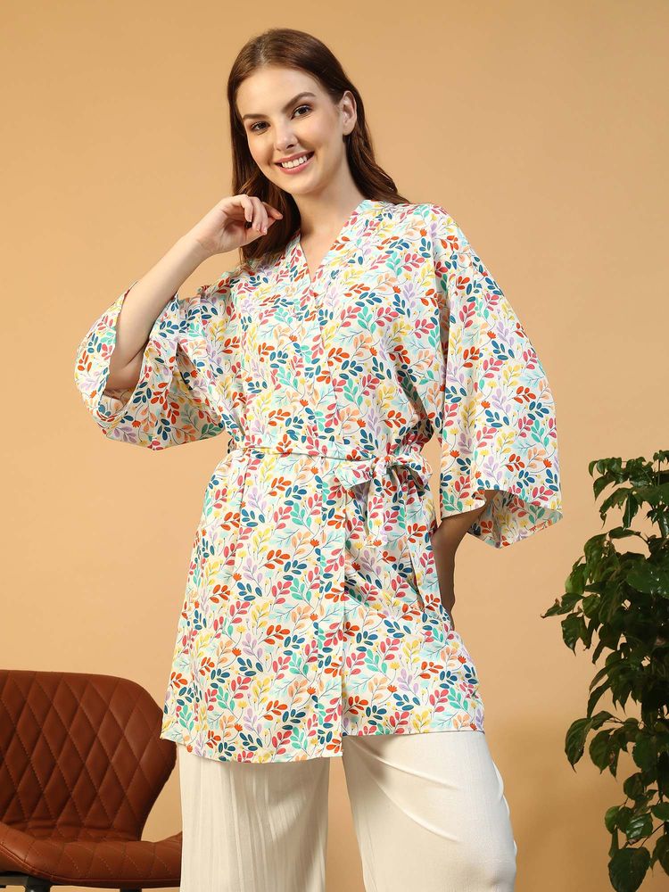 Oxolloxo Women Multicolor Floral Print V-Neck Tie-Up Detail Nightwear Shrug-picture-12