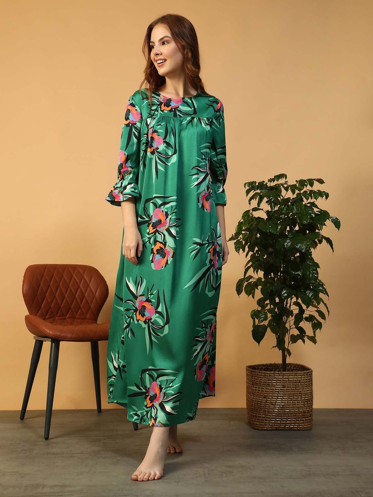 Oxolloxo Women Green Floral Print Round Satin Nightwear Long Nightdress-picture-26