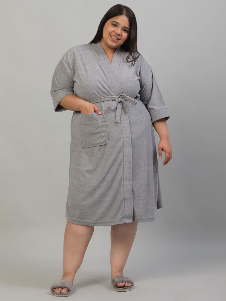 Creeva Grey Everyday Plus Size Micro Terry Bath Robe-image-10