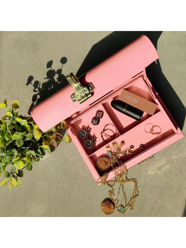 Living With Elan Vintage Storage Trunk With Jewelry Tray Inside with lock Secret, Powder Pink