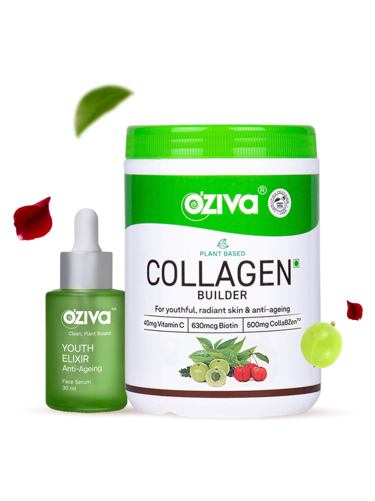 OZiva Glow Routine: Plant Based Collagen Builder + Youth Elixir Face Serum Combo