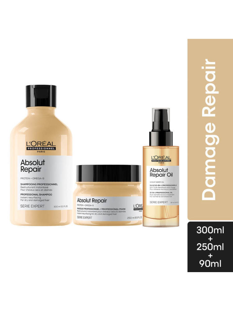 L'Oreal Professionnel Absolut Repair Shampoo, Hair Mask & Hair Serum Combo For Damaged Hair