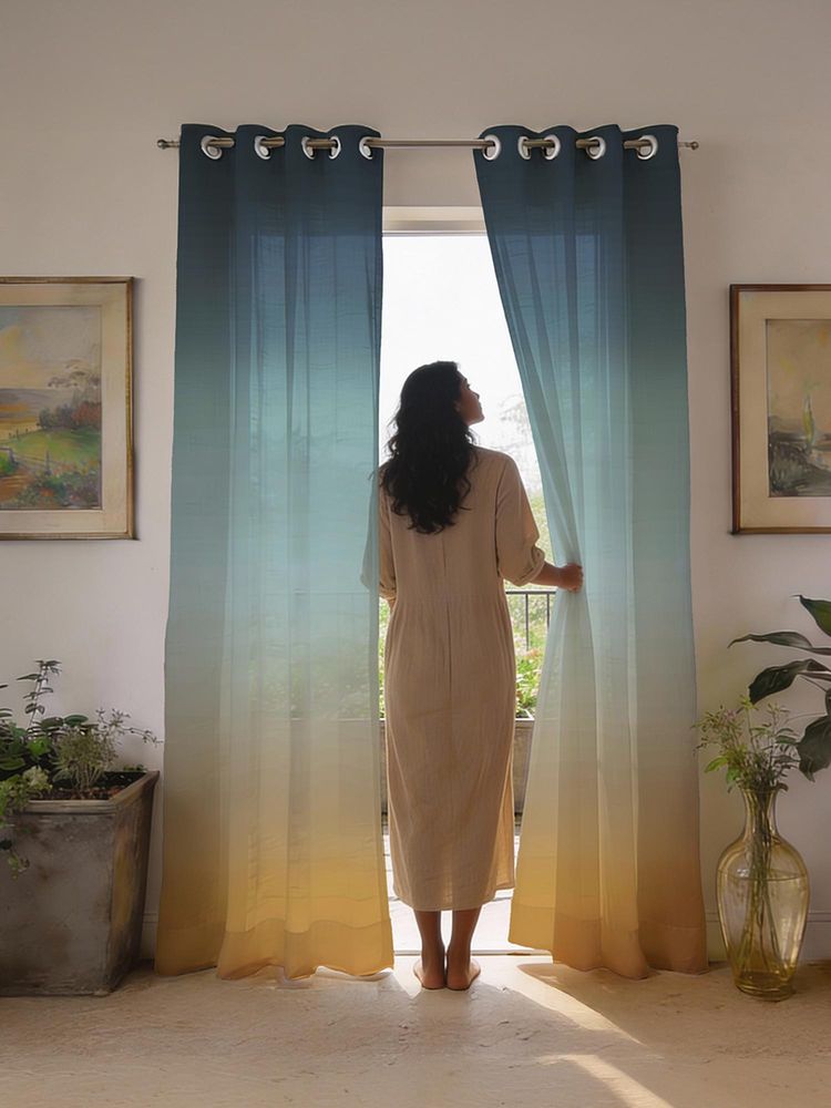 Urban Space 35-40% Light Filtering Sheer Window Curtains - Blue Ombre (Pack of 2)