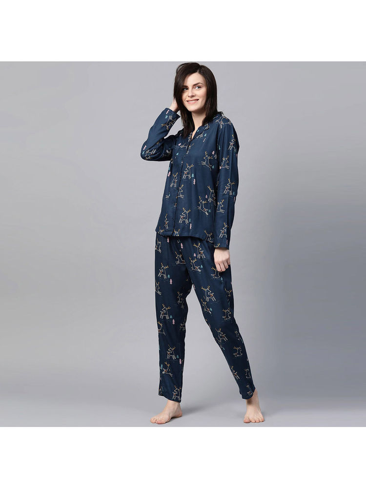 Drape In Vogue Women Navy Blue Deer Print Night Suit-picture-17