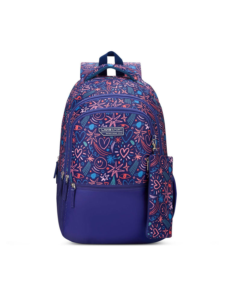 Lavie Sport 36L Scribble Backpack 19 inches Laptop Compatible Pencil Pouch |(Navy Blue) (Set of 2)-image-45