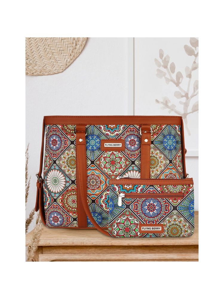 FLYING BERRY Multi-Color Printed Faux Leather Sustainable Shoulder Laptop Bag Combo with Pouch-image-6