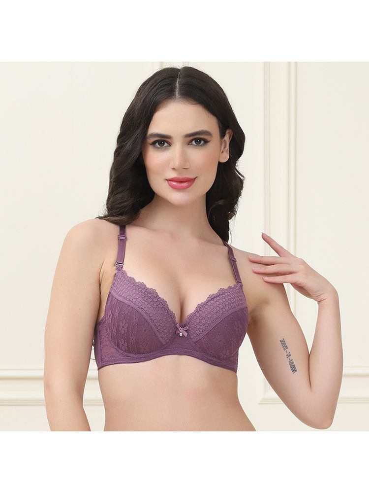 PrettyCat Underwire Lightly Padded T-Shirt Bra with Sexy Trim Lace Purple-picture-11