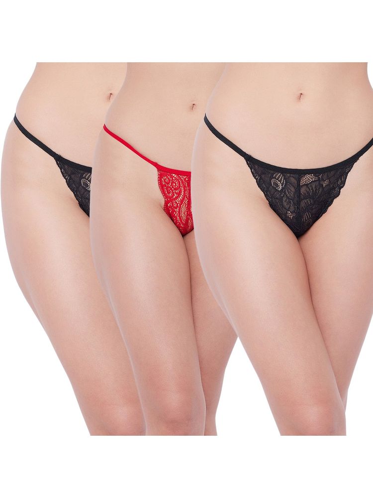 Secrets By Zerokaata Women Pack Of 3 Assorted Self Design Lace Thong Briefs - Multi-Color-picture-12