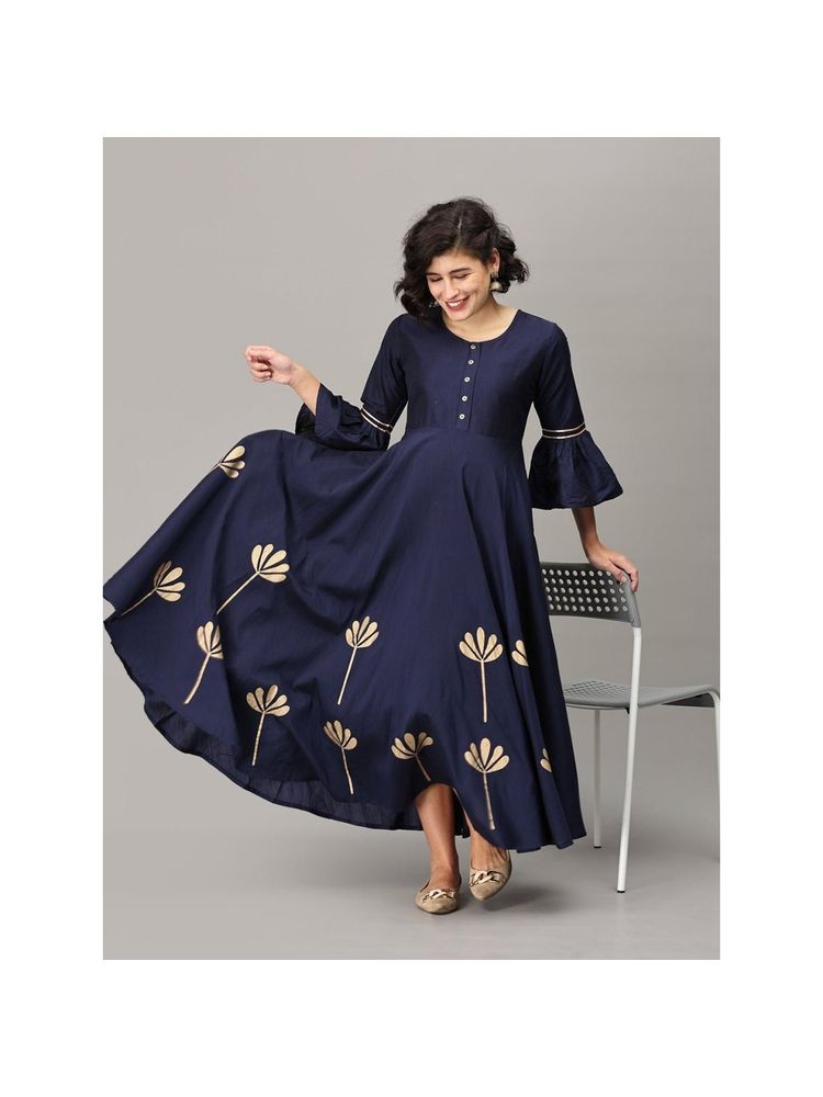 The Mom Store Navy Flared Floral Gold Foil Print Maternity and Feeding Dress (Set of 2)-image-3