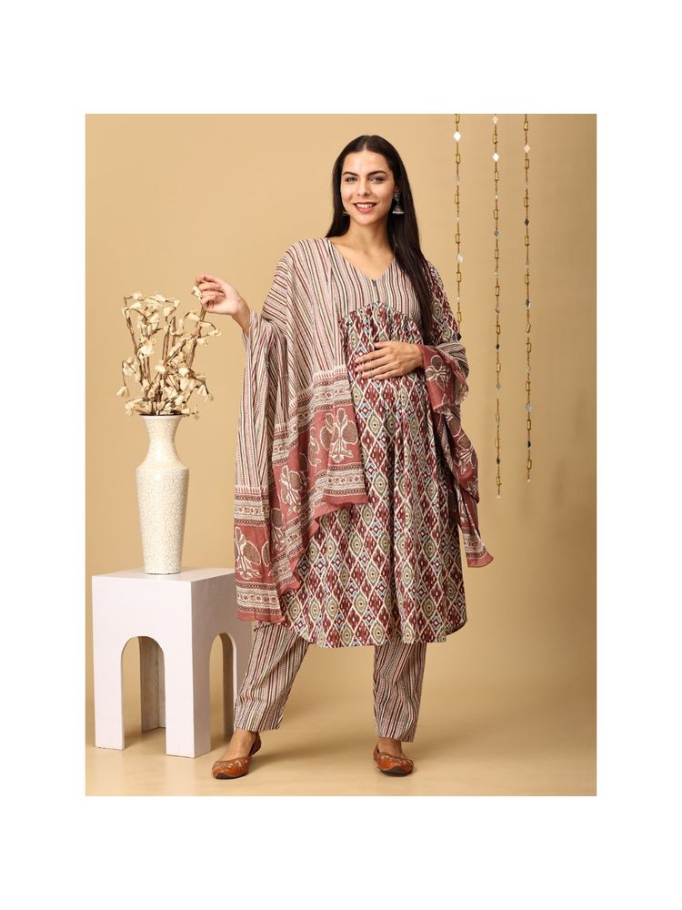 The Mom Store Mokshita Maternity and Nursing Kurta with Pant and Dupatta (Set of 3)-image-42