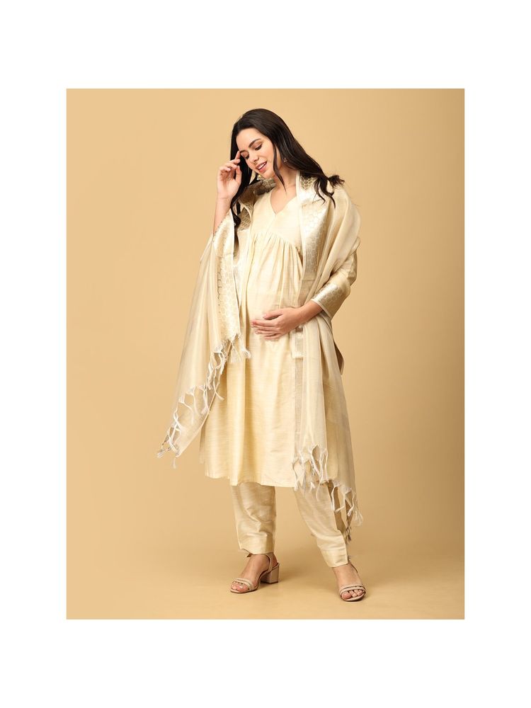 The Mom Store Onakkodi Maternity and Nursing Silk Kurta with Pant and Dupatta (Set of 3)-image-40