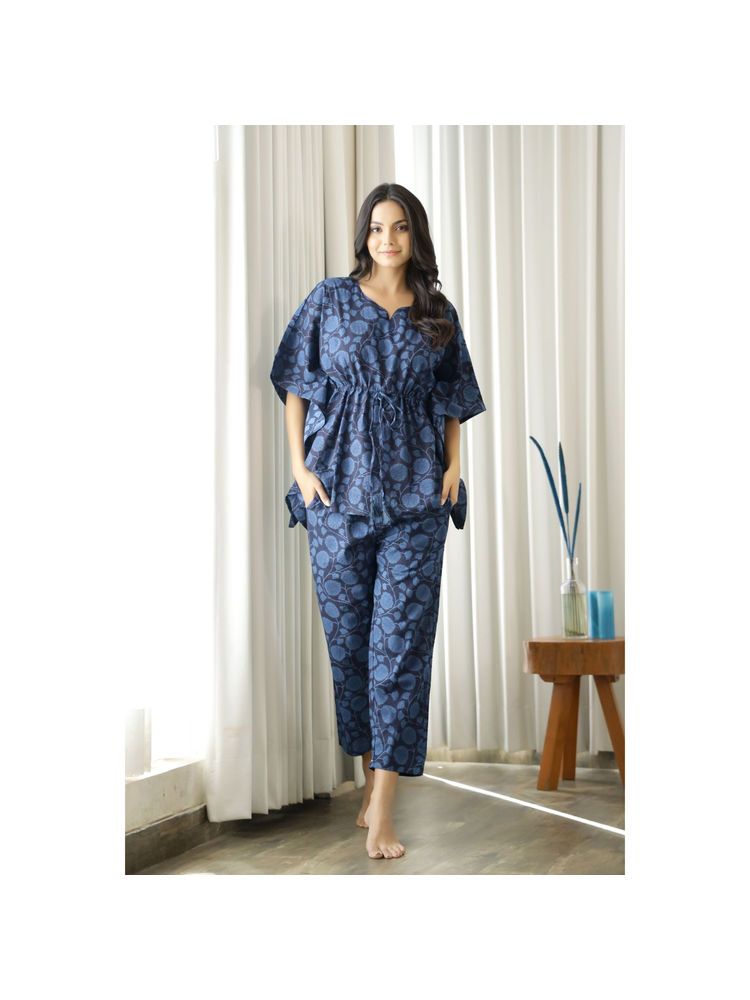 SAY Navy Blue Color Printed Women Pure Cotton Kaftan & Pyjama Night Suit (Set of 2)-picture-16