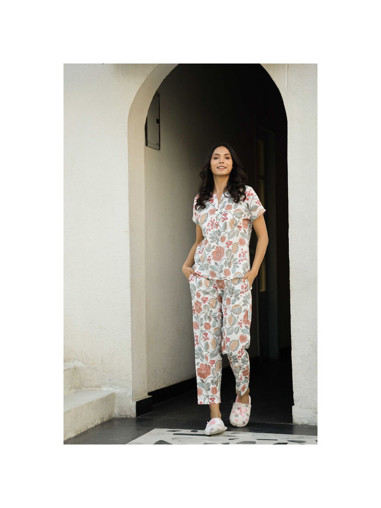 SAY White Color Printed Women Pure Cotton Top & Pyjama Night Suit (Set of 2)-image-7