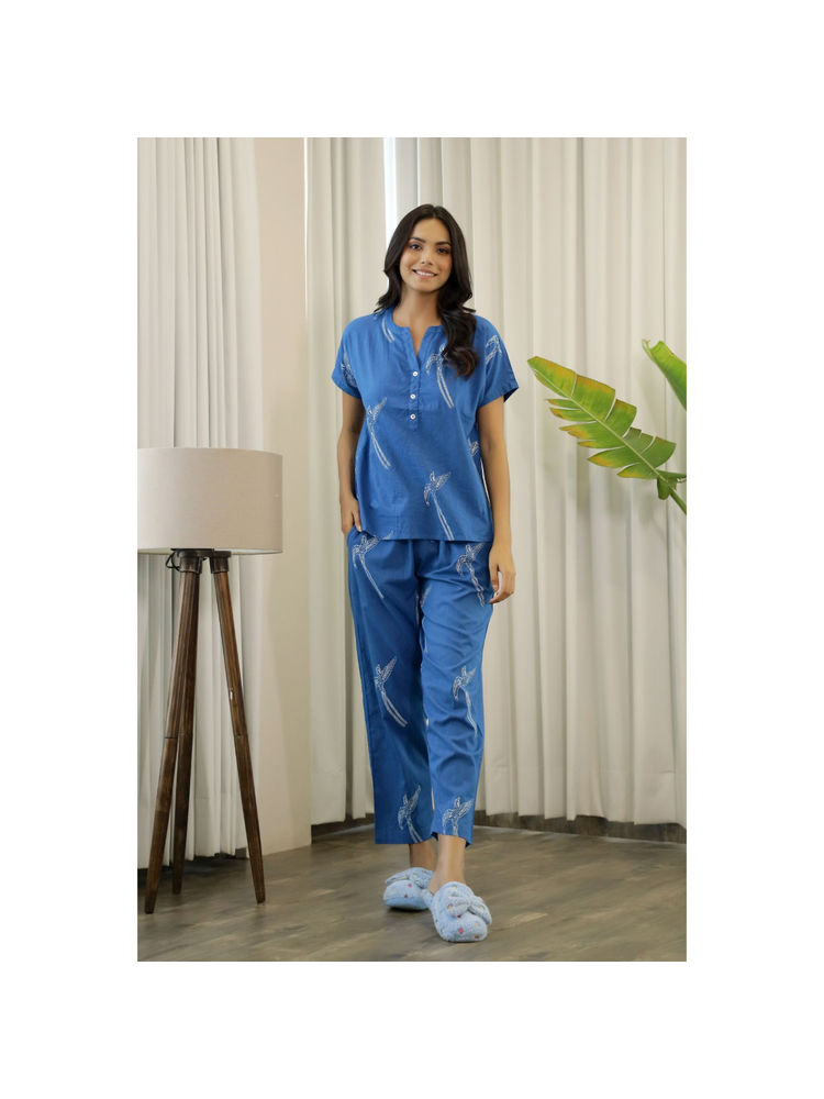 SAY Blue Color Printed Women Pure Cotton Top & Pyjama Night Suit (Set of 2)