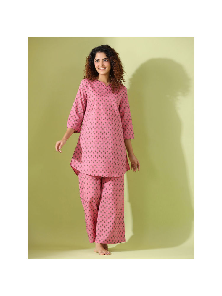 sanskrutihomes SAY Pink Color Printed Women Pure Cotton Kurti & Pyjama Night Suit (Set of 2)-picture-25