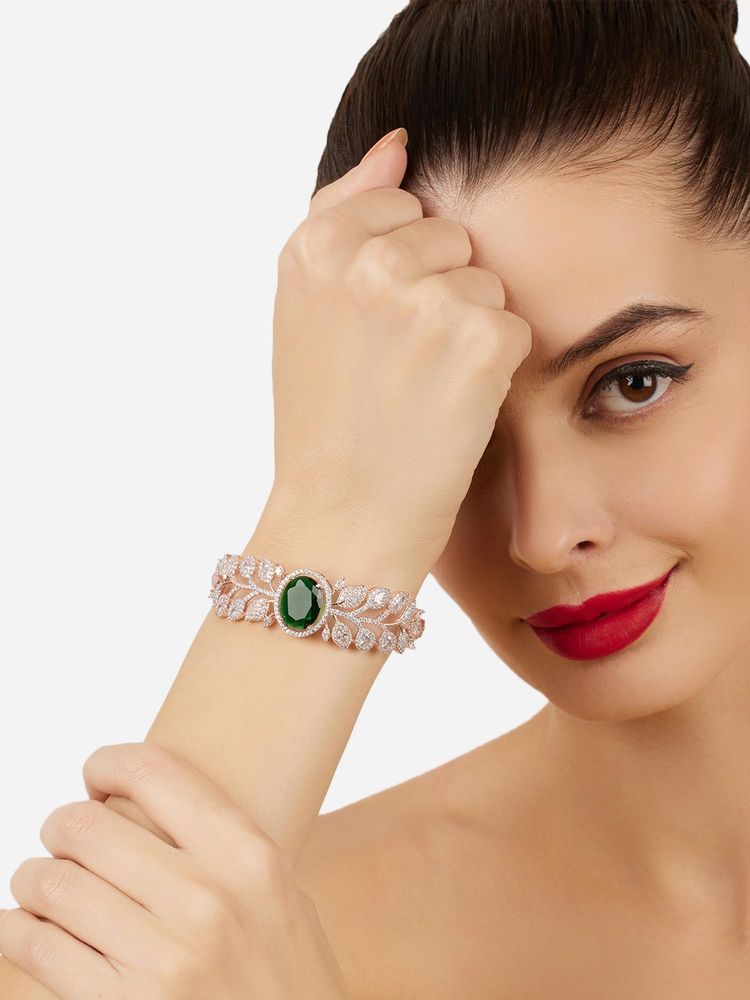 Zaveri Pearls Green Stones Rose Gold Plated Cubic Zirconia Brass Bracelet-image-25
