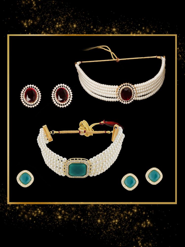 Zaveri Pearls Maroon and Green Stones and Pearls Choker Jewellery (Pack Of 2)-image-48