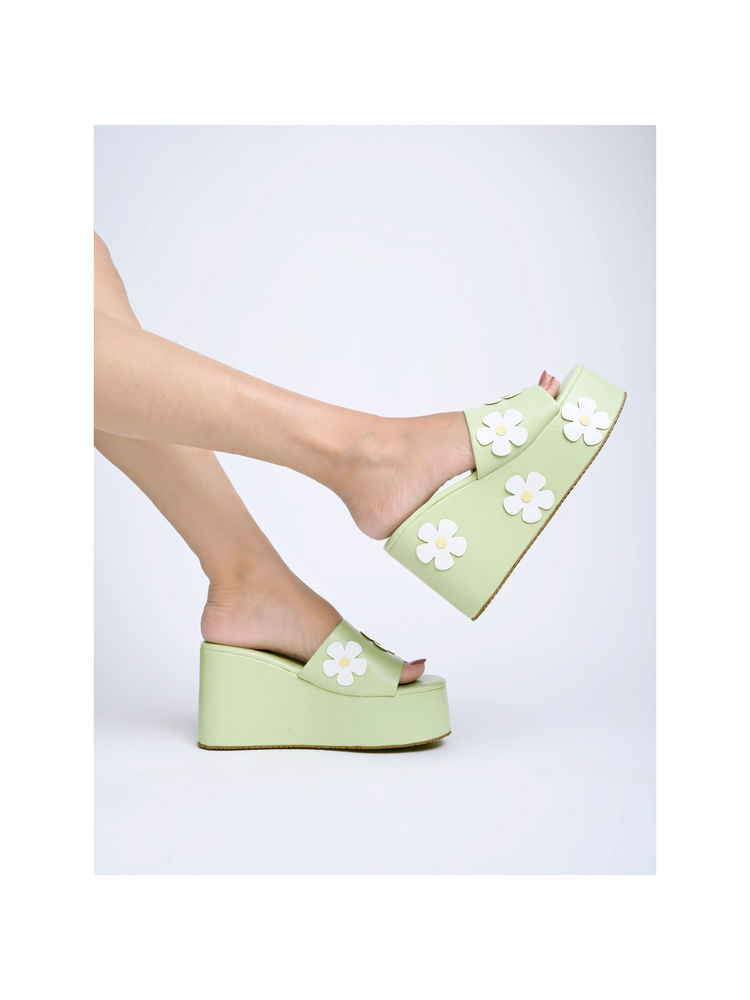 Shoetopia Flower Printed Detailed Green Platform Heels for Women & Girls