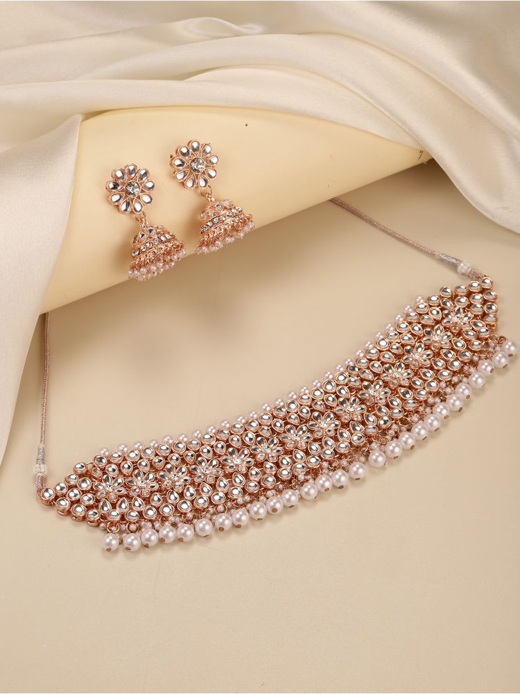 Peora Rose Gold Plated Kundan and Beads Studded Choker Jewellery Set-picture-14