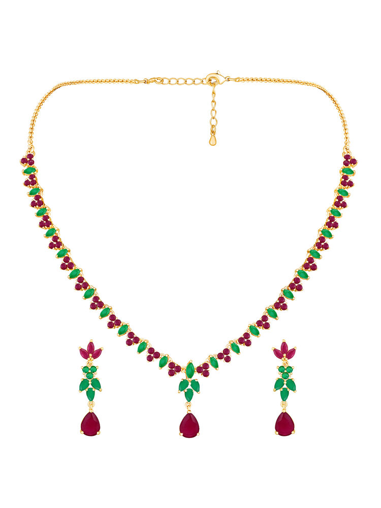 Peora Multi-Color Gold Plated Faux Ruby Emerald Studded Choker Jewellery Set-picture-23