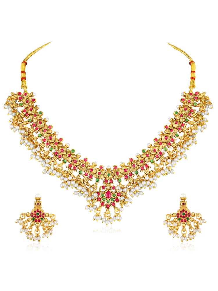 Peora Gold Plated Faux Ruby Emerald and Lariya Studded Short Jewellery Set-image-22